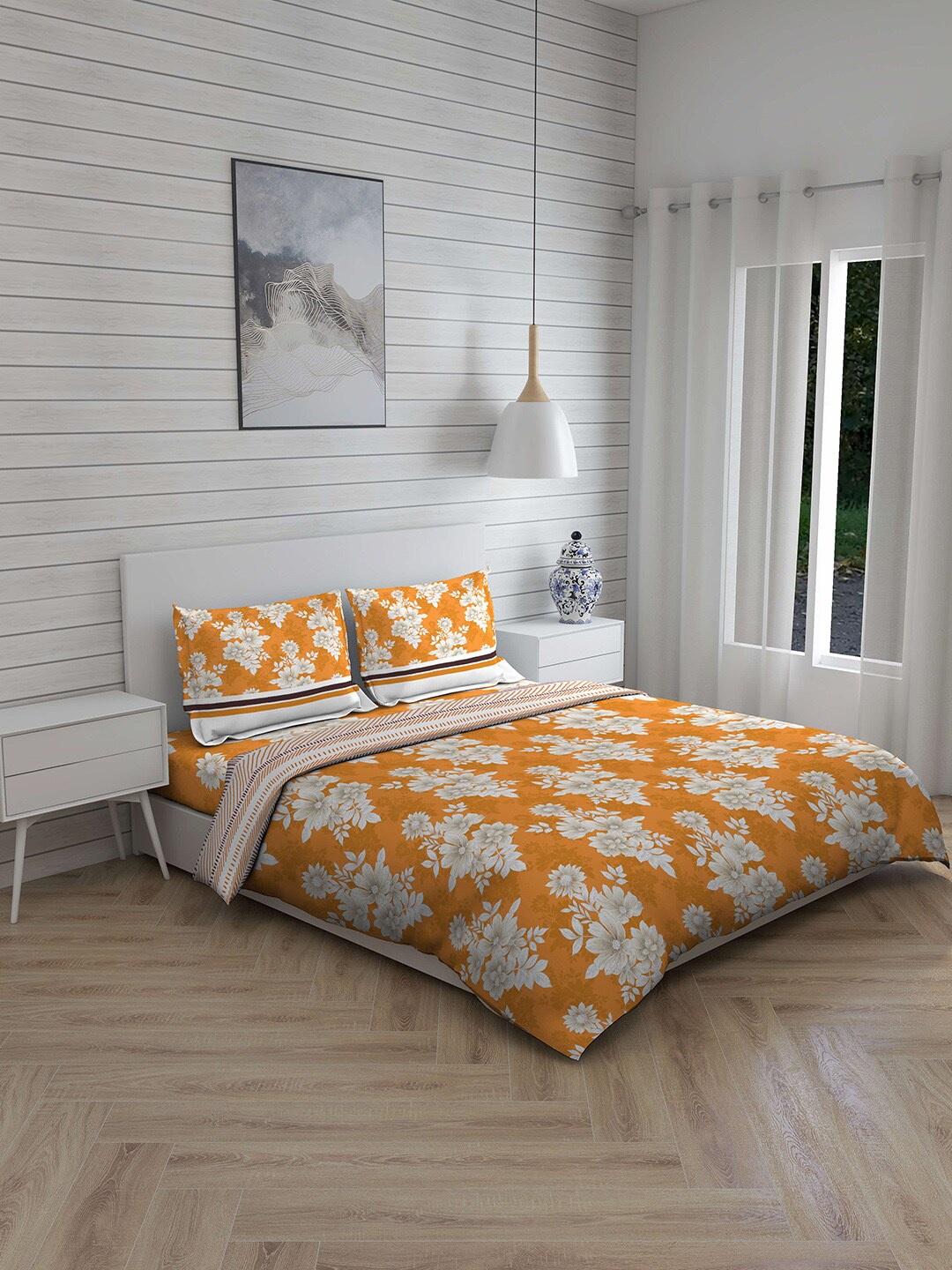 Layers Orange & White Floral Printed 144TC Double Bedding Set With Comforter