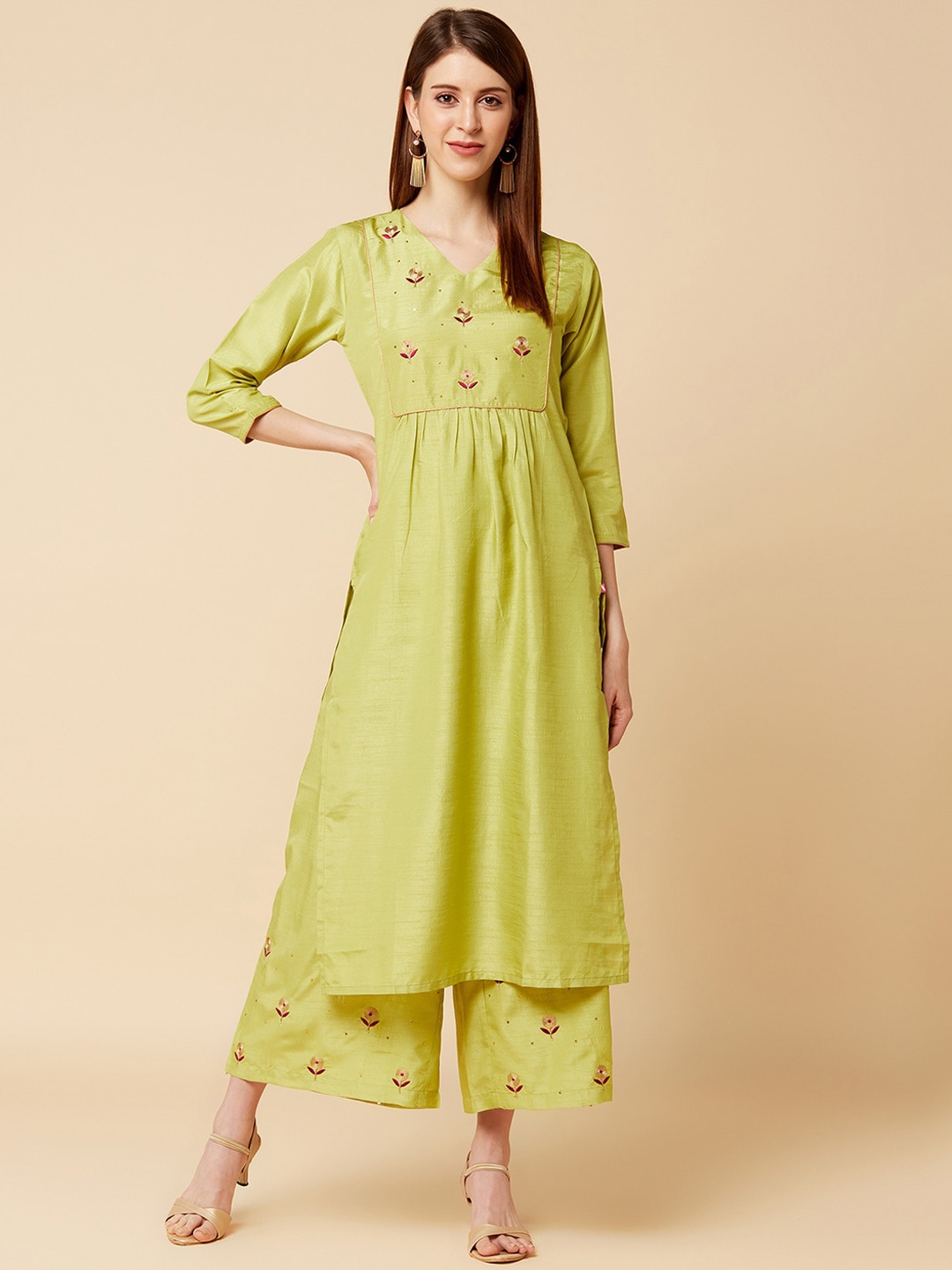 

Varanga Women Lime Green Embroidered Kurta with Palazzos