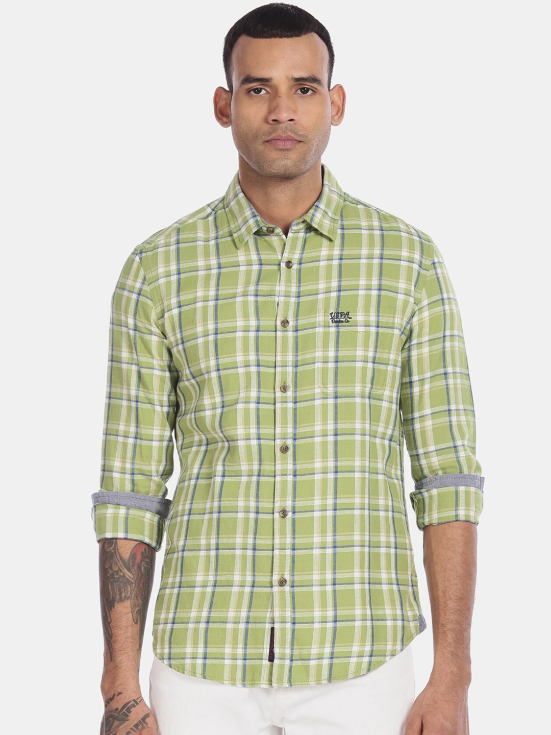 

U.S. Polo Assn. Denim Co. Men Green & Off-White Checked Casual Shirt