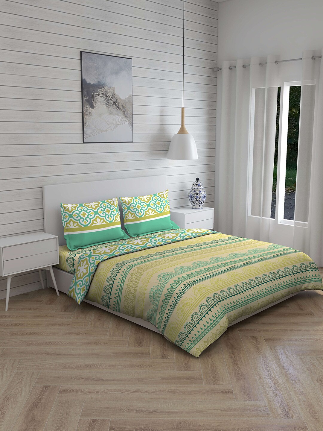 

Rajasthan Decor Green & Yellow Ethnic Printed 144 TC Double King 100% Cotton Bedding Set