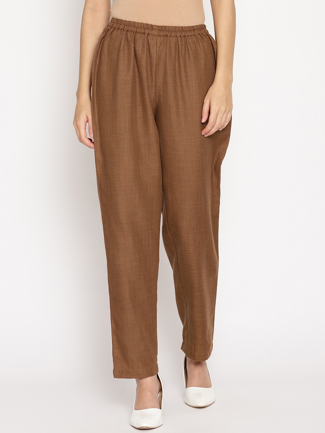 

trueBrowns Women Brown Pure Cotton Regular Fit Solid Trousers