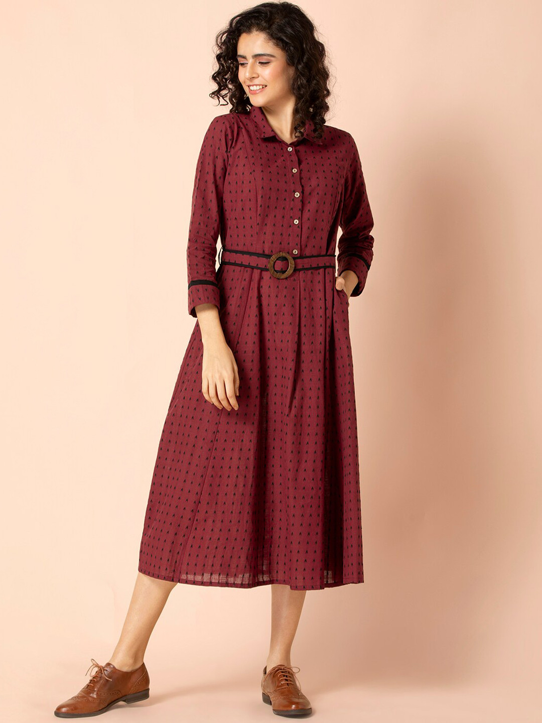 

Earthen BY INDYA Maroon Collared Belted A-Line Dress