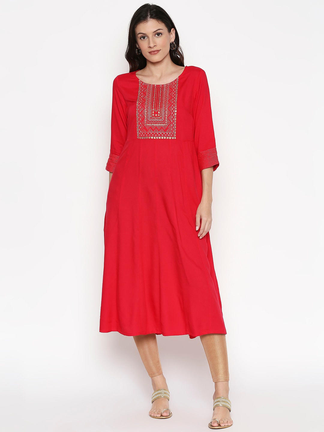 RANGMANCH BY PANTALOONS Women Red Ethnic Motifs Yoke Design Thread Work Anarkali Kurta