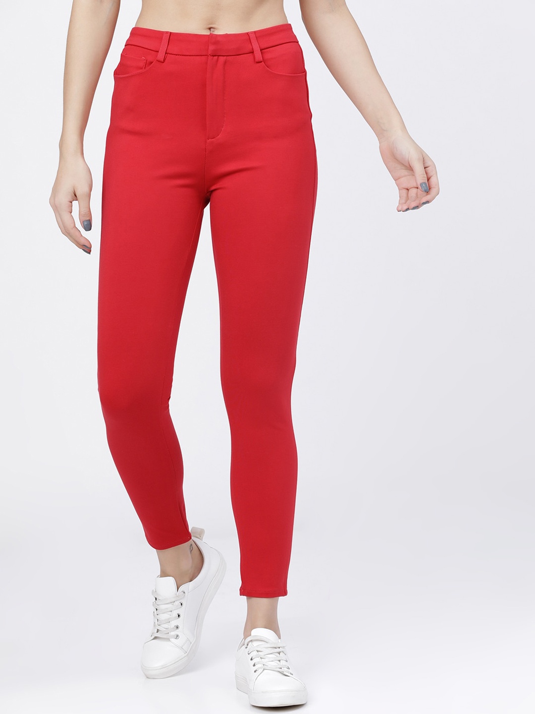 Tokyo Talkies Women Red Solid Slim Fit Cropped Trousers