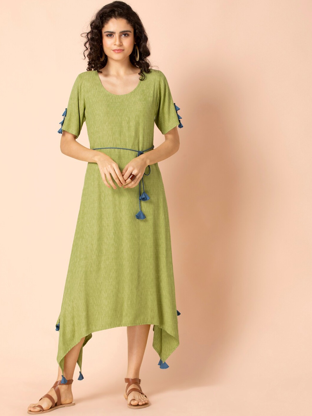 

Earthen BY INDYA Green Belted Tasselled High Low Dress