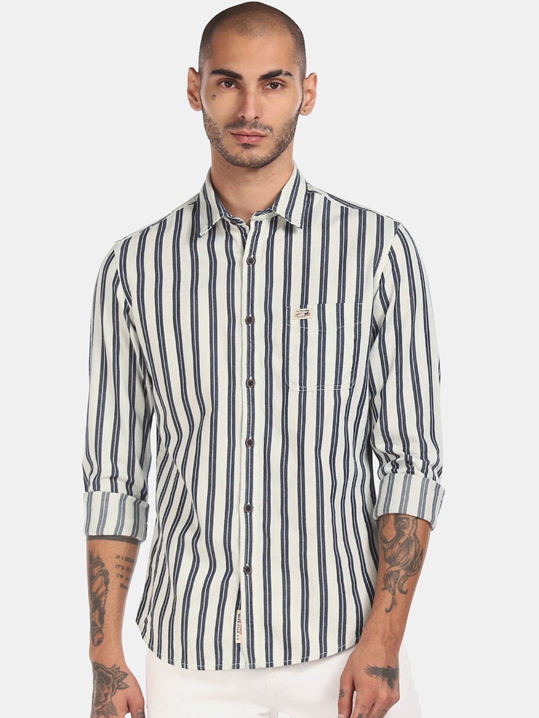 

U.S. Polo Assn. Denim Co. Men Navy Blue & Off-White Striped Cotton Casual Shirt