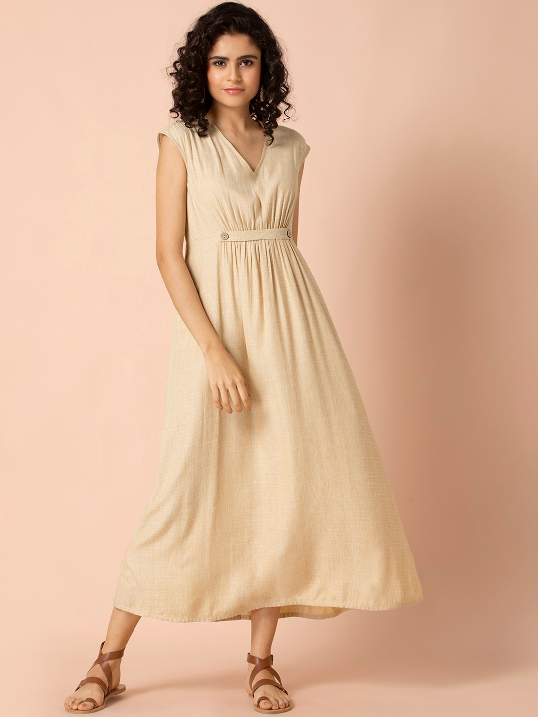

Earthen BY INDYA Ivory Stretch Waist Maxi Dress, Beige