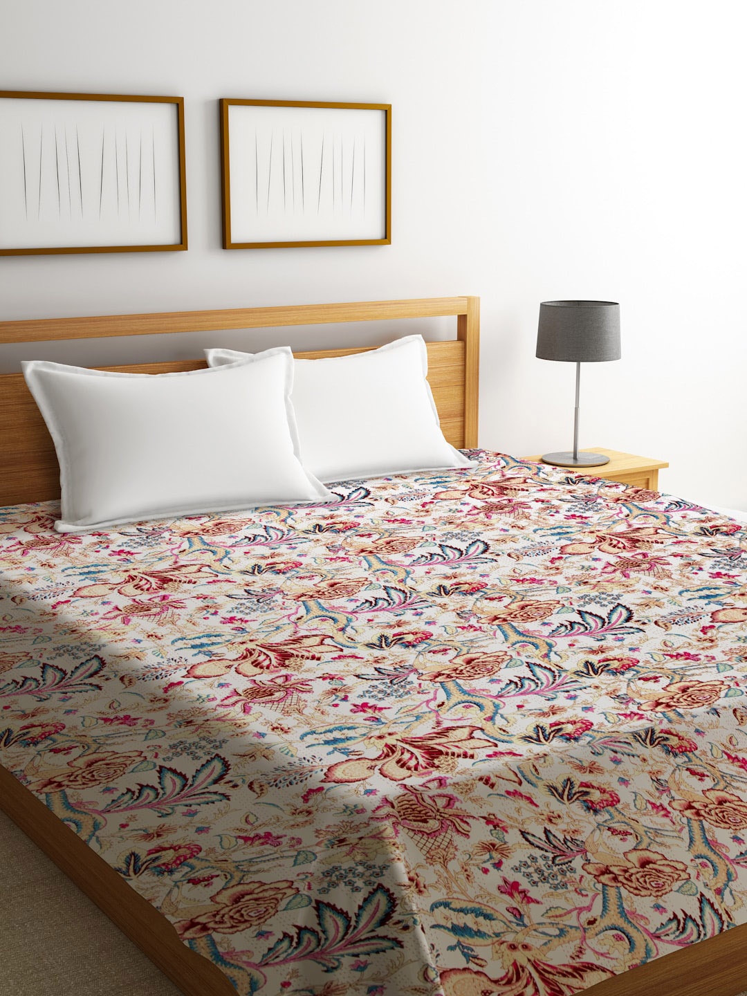 

Rajasthan Decor Off White & Pink Kantha Block Print Sustainable Cotton Double Bed Cover