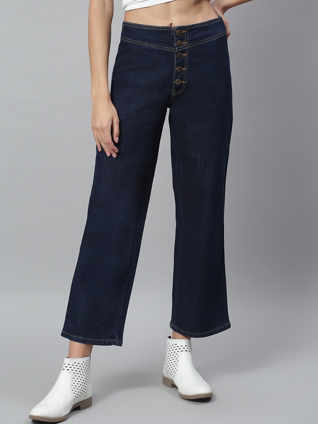 Kotty Women Navy Blue Solid Cotton High Rise Crop Flared Jeans