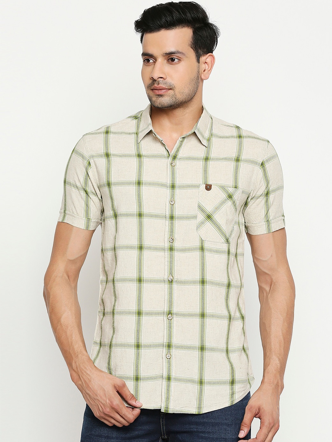 

Mufti Men Beige & Green Slim Fit Checked Casual Shirt