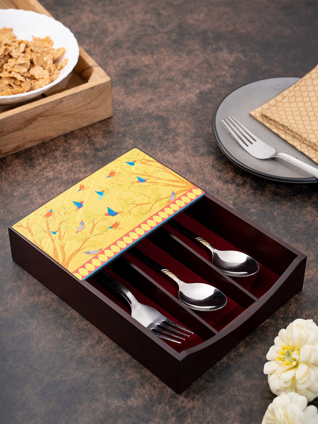KOLOROBIA Brown & Yellow Gond Art Printed Cutlery Holder