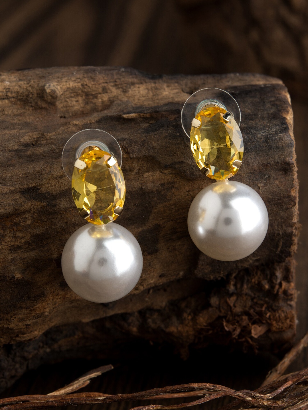 

E2O Gold-Toned & White Oval & Spherical Shaped Drop Earrings