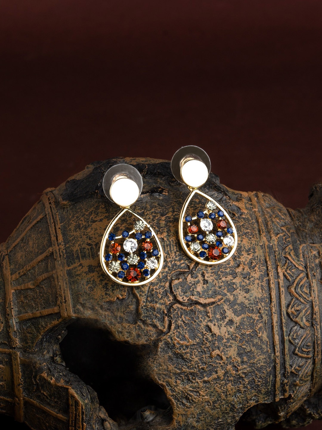 E2O Gold-Plated Stone Studded Teardrop Shaped Drop Earrings