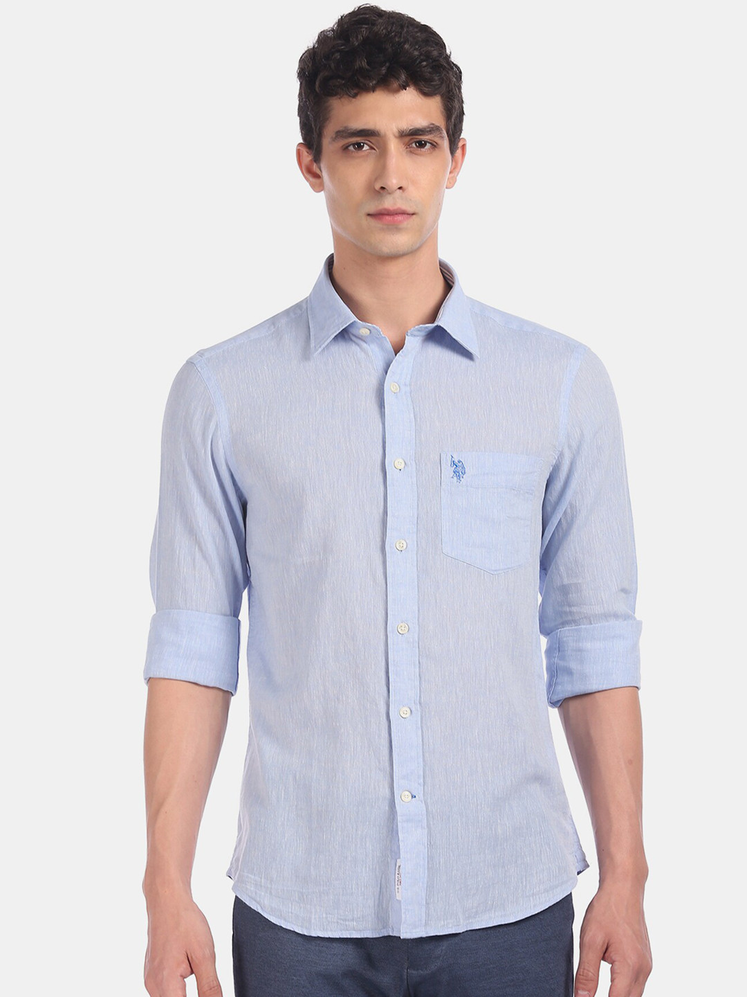 

U.S. Polo Assn. Men Blue Linen Casual Shirt