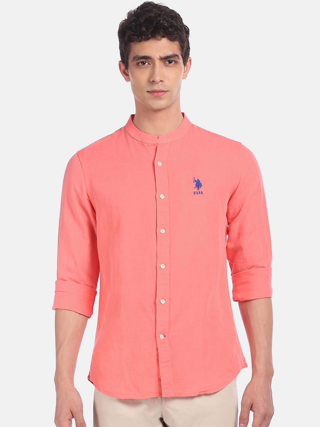U.S. Polo Assn. Men Coral Pink Regular Fit Solid Casual Shirt