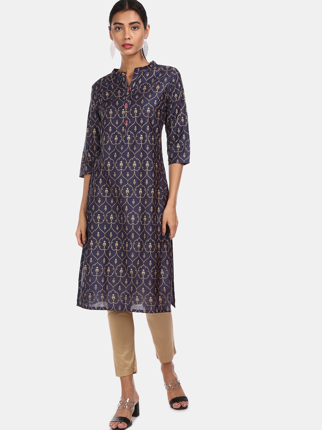 

Karigari Women Navy Blue & Gold-Toned Ethnic Motifs Printed Kurta