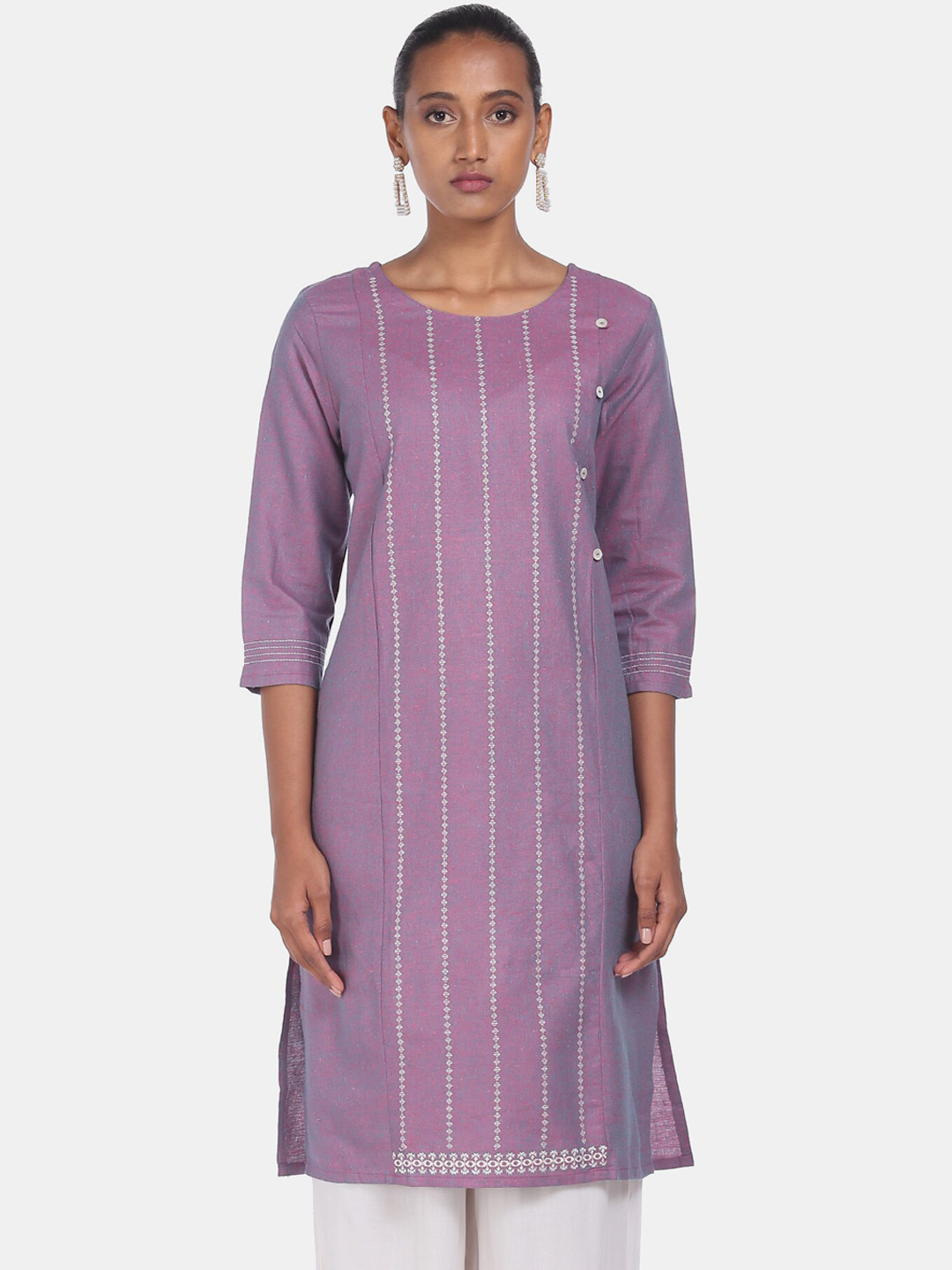 

Karigari Women Purple & White Striped Thread Work Kurta