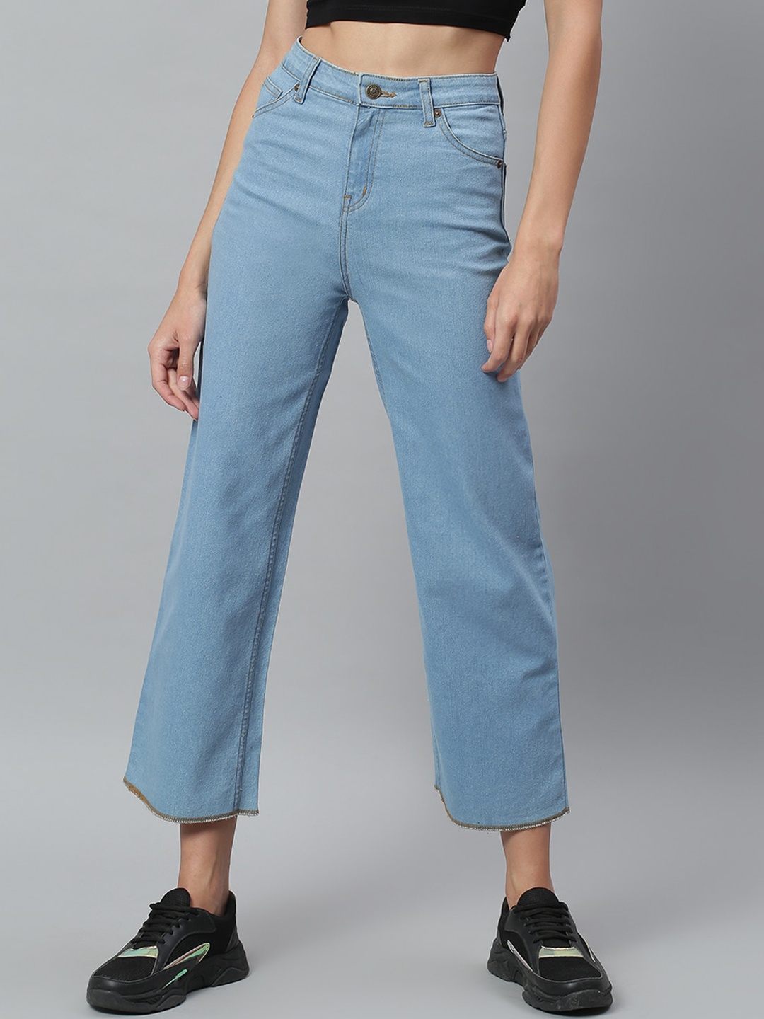

Kotty Women Blue Solid Cotton High-Rise Crop Flared Jeans