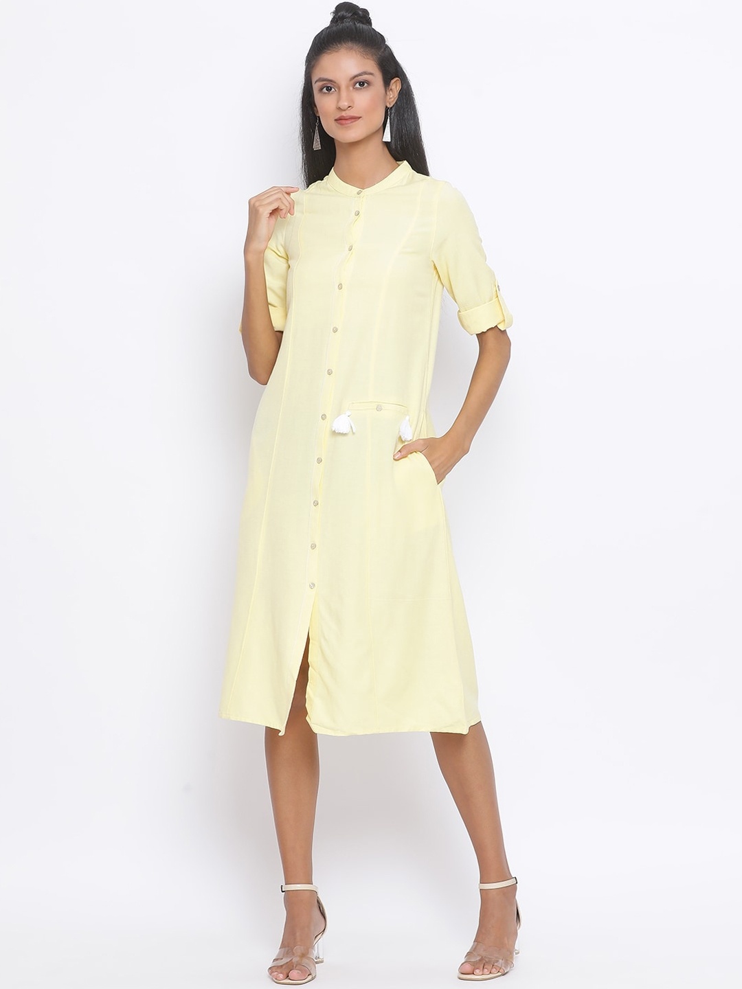 

Oxolloxo Women Yellow Solid Midi A-line Dress
