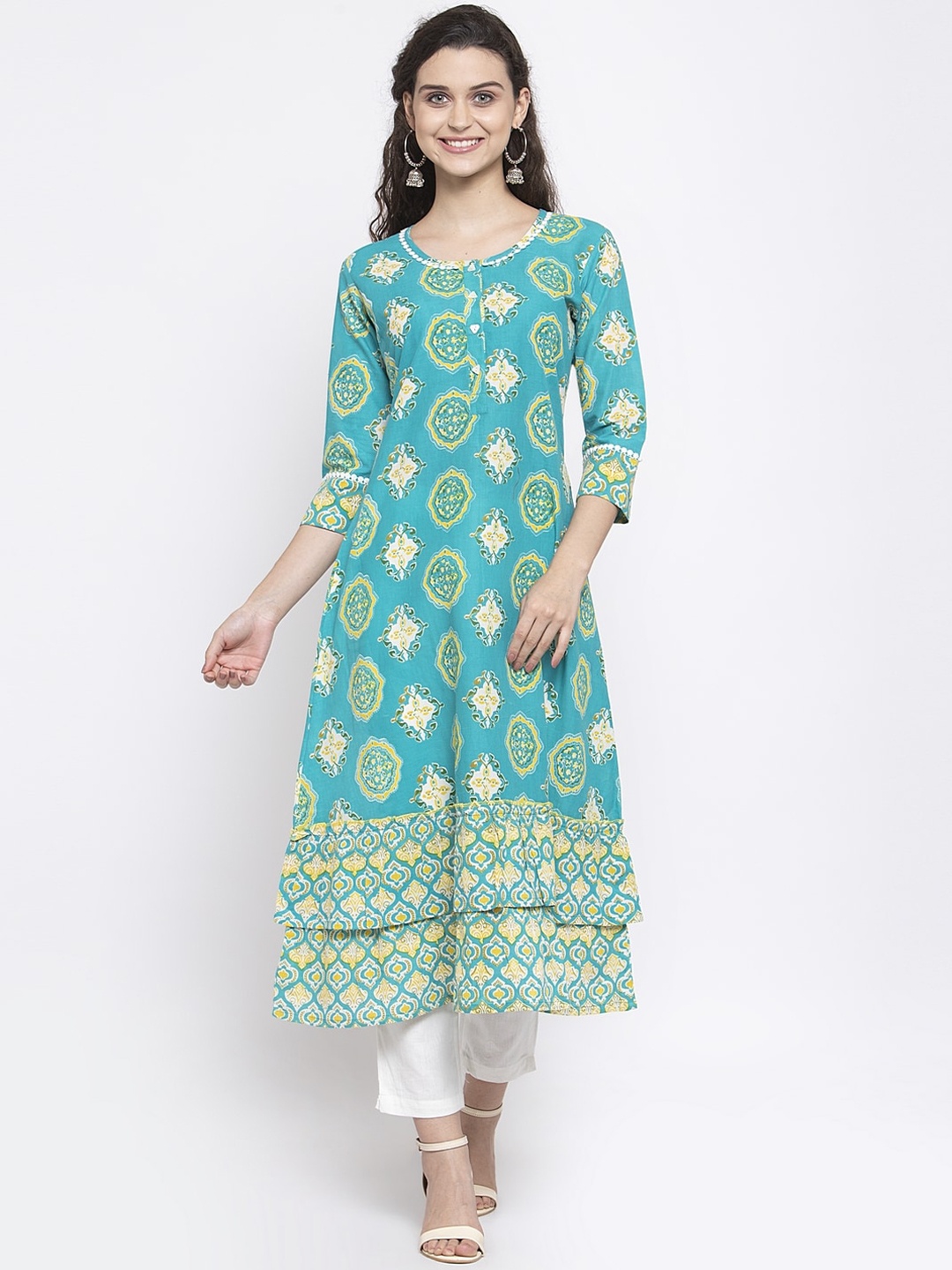 

Indibelle Women Blue & Yellow Ethnic Motifs Printed Kurta