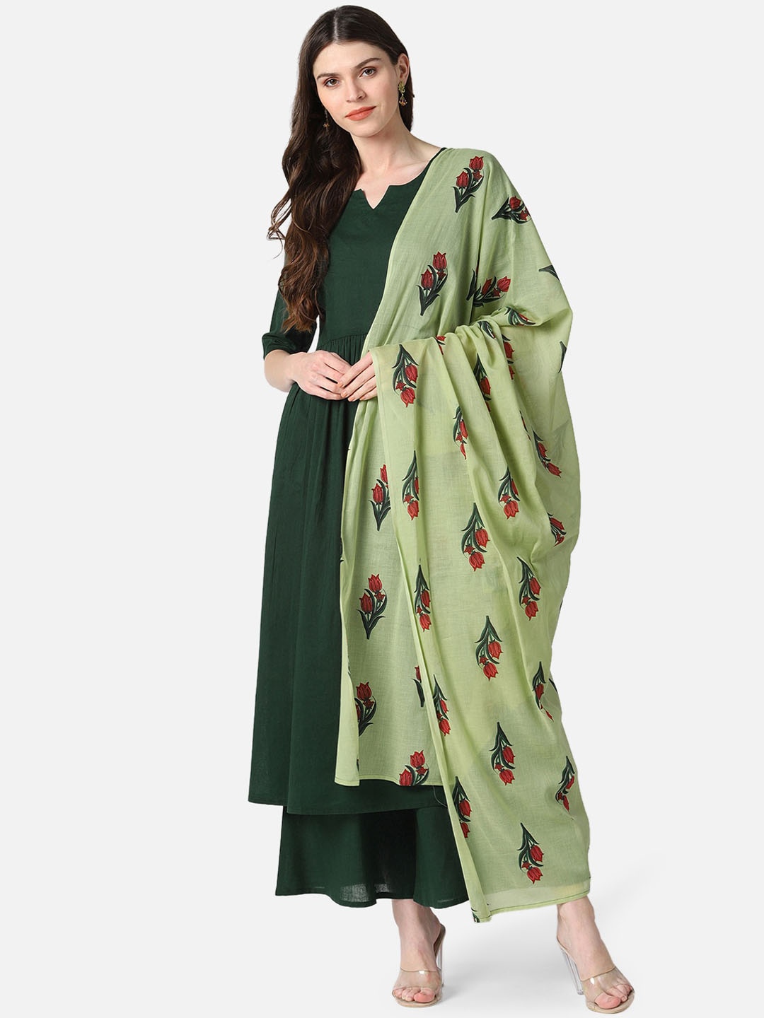 

AHIKA Women Green Solid Kurta with Sharara & Dupatta
