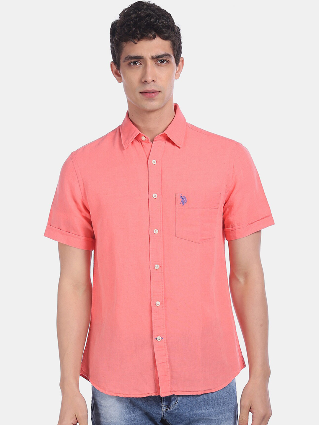 

U.S. Polo Assn. Men Coral Pink Regular Fit Solid Casual Shirt