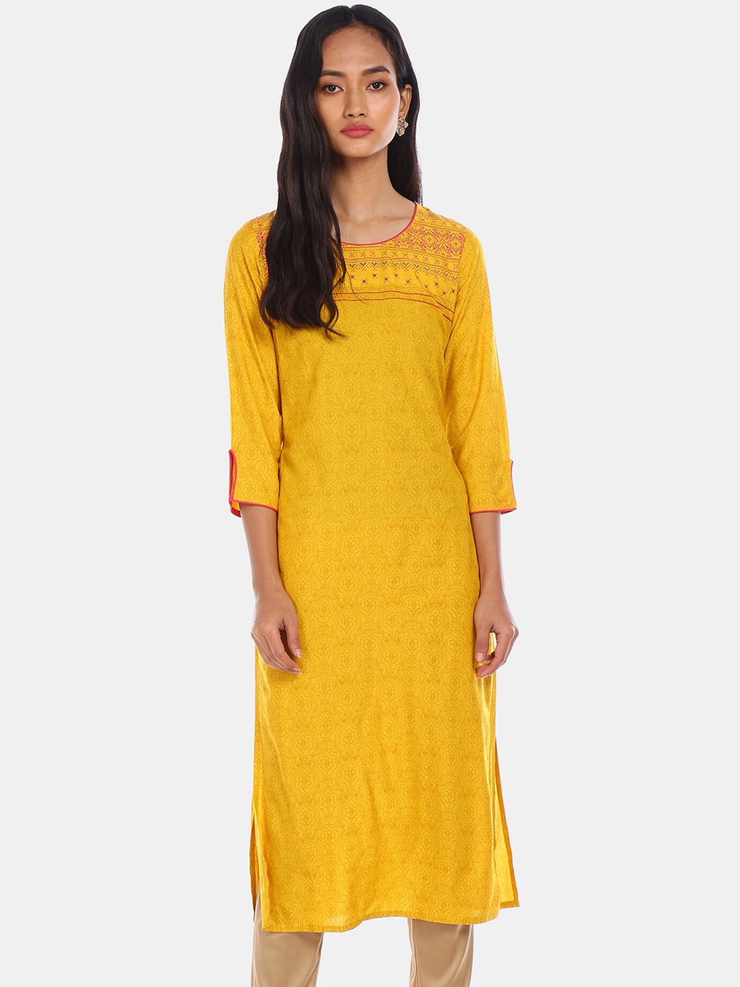 

Karigari Women Yellow & Pink Floral Printed Floral Kurta