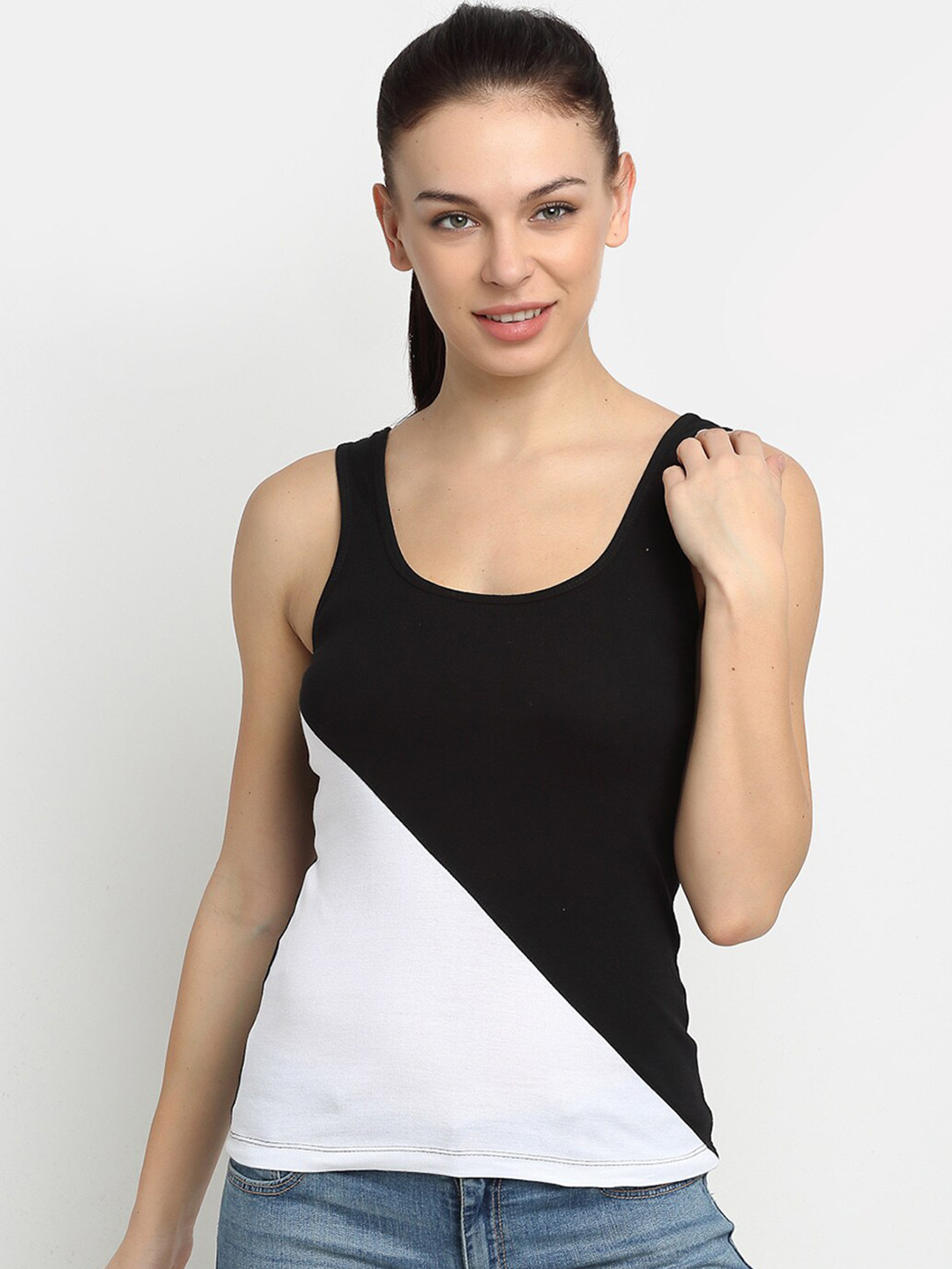 

Friskers Black & White Colourblocked Pure Cotton Tank Top