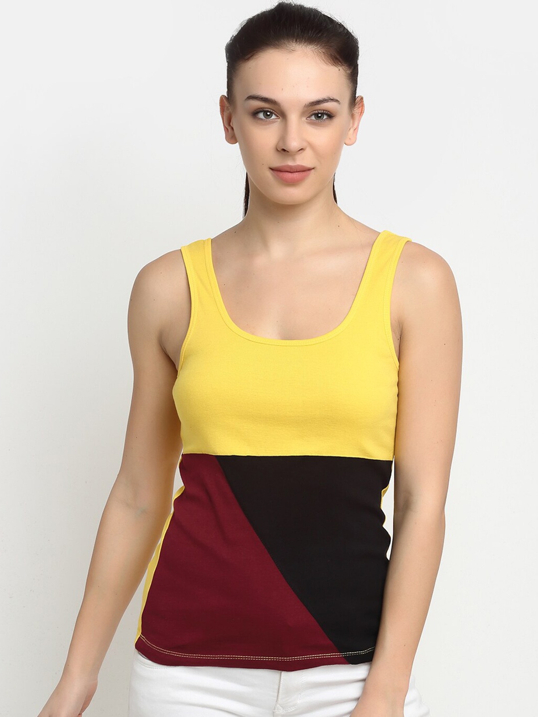 

Friskers Black & Yellow Colourblocked Pure Cotton Tank Top