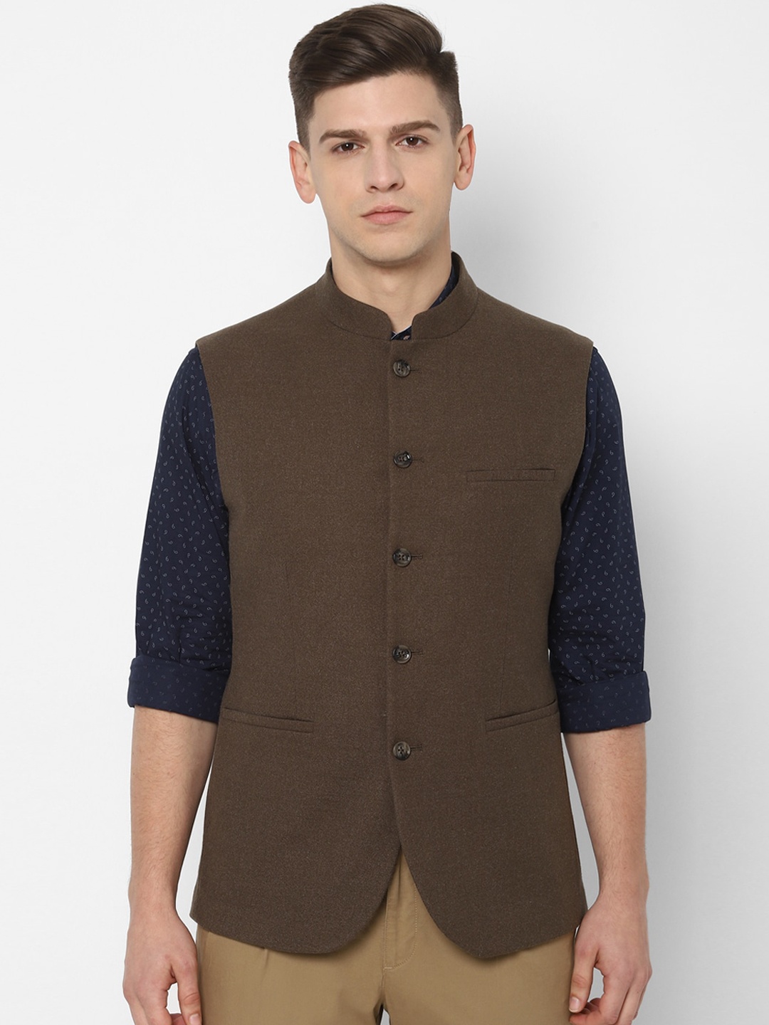 Allen Solly Men Olive Brown Solid Slim Fit Nehru Jacket