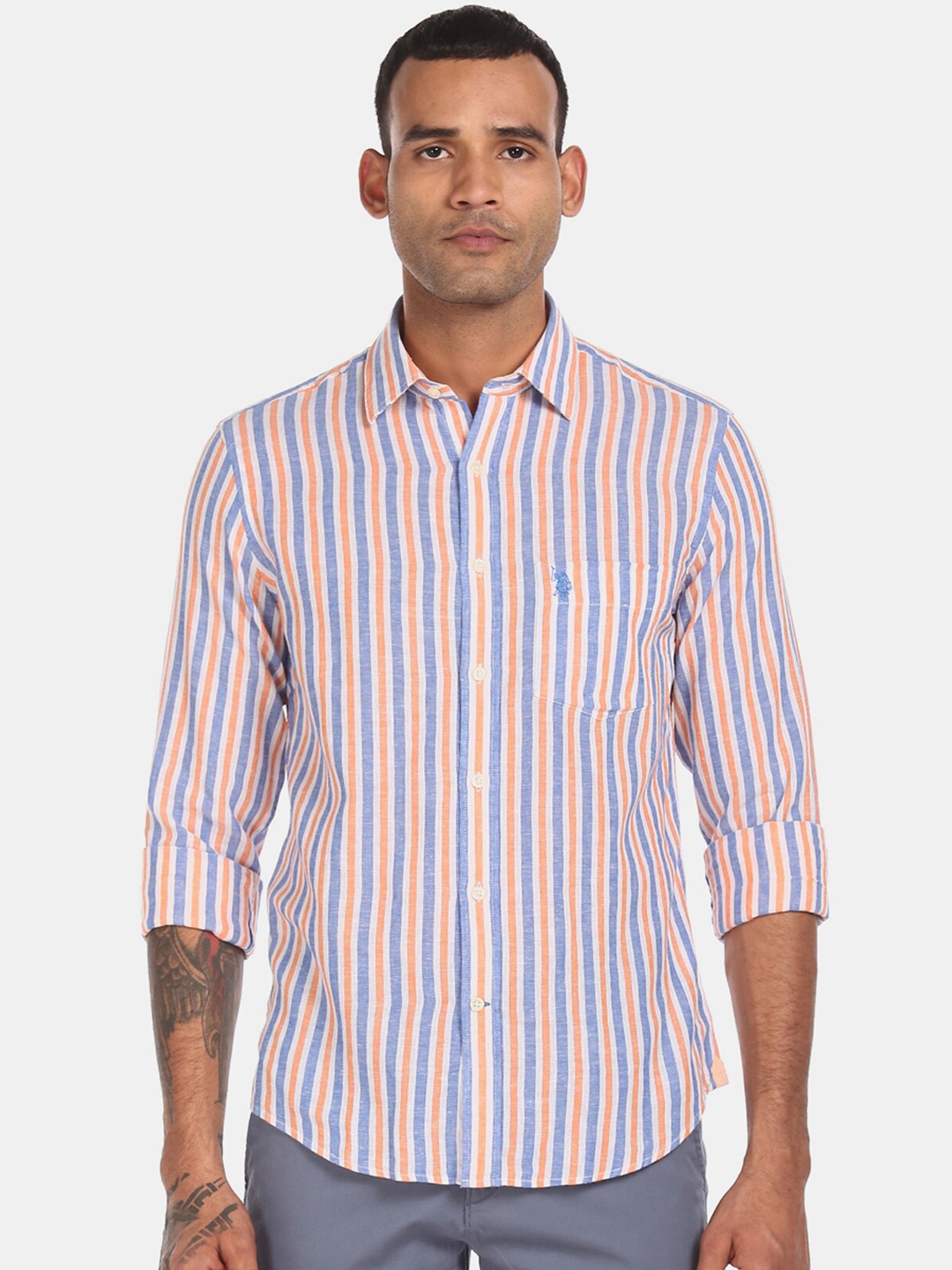 U.S. Polo Assn. Men Orange & Blue Regular Fit Striped Casual Shirt