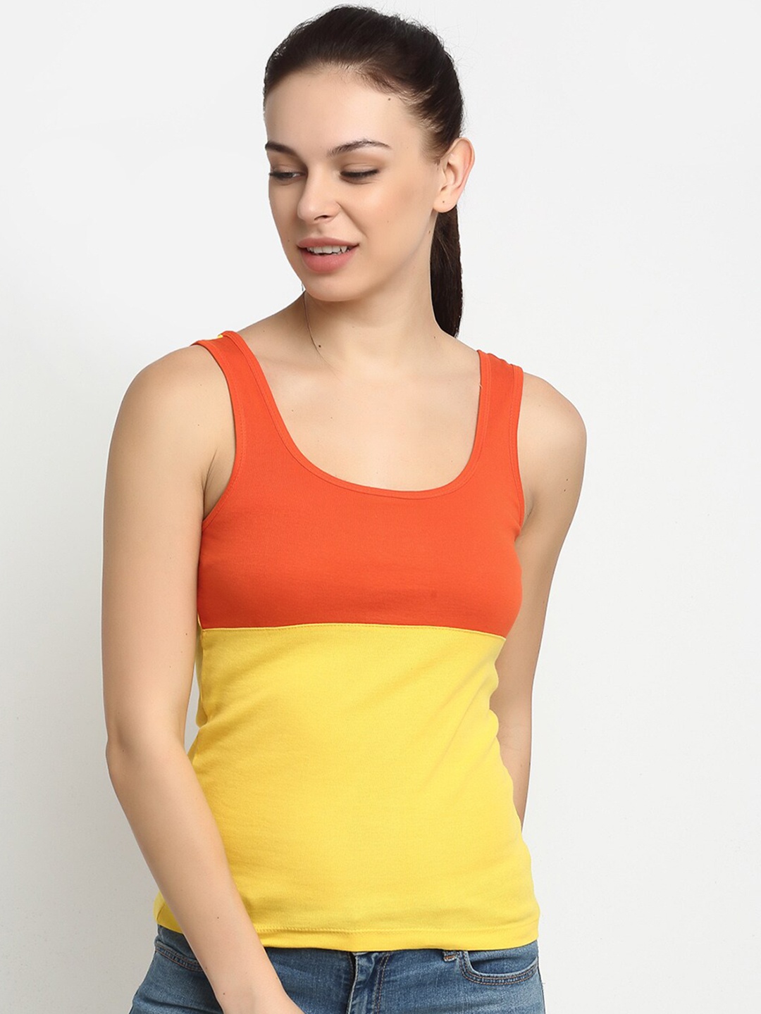 

Friskers Orange & Yellow Colourblocked Pure Cotton Tank Top