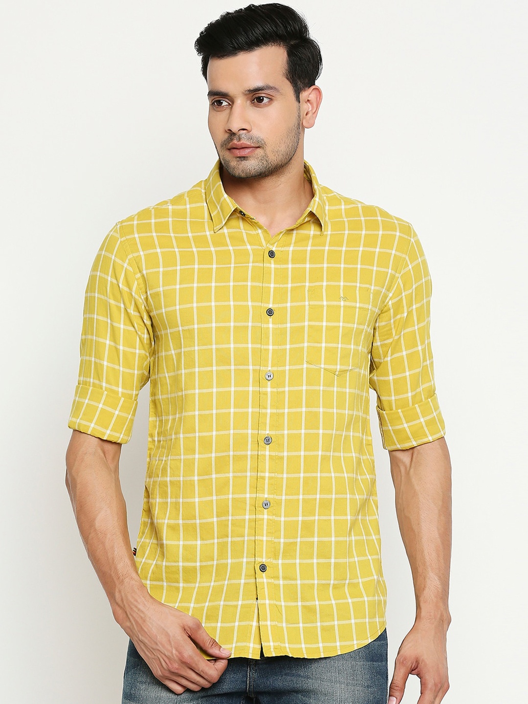 

Mufti Men Mustard Yellow & White Slim Fit Checked Casual Shirt