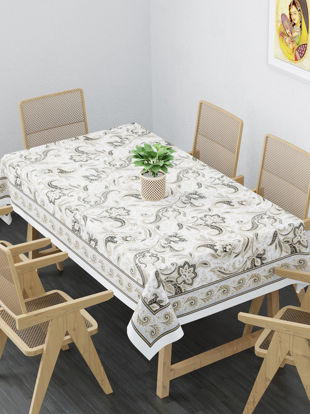 

Clasiko White, Beige & Black Floral Printed 6-Seater Pure Cotton Table Cover