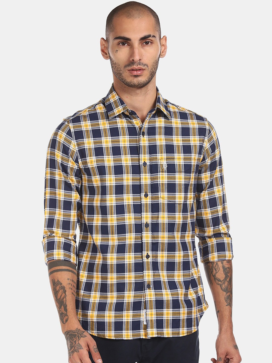 

U.S. Polo Assn. Men Yellow & Navy Blue Regular Fit Checked Casual Shirt