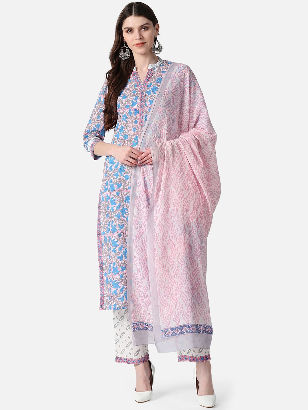 

AHIKA Women Pink & Blue Printed Kurta with Palazzos & Dupatta