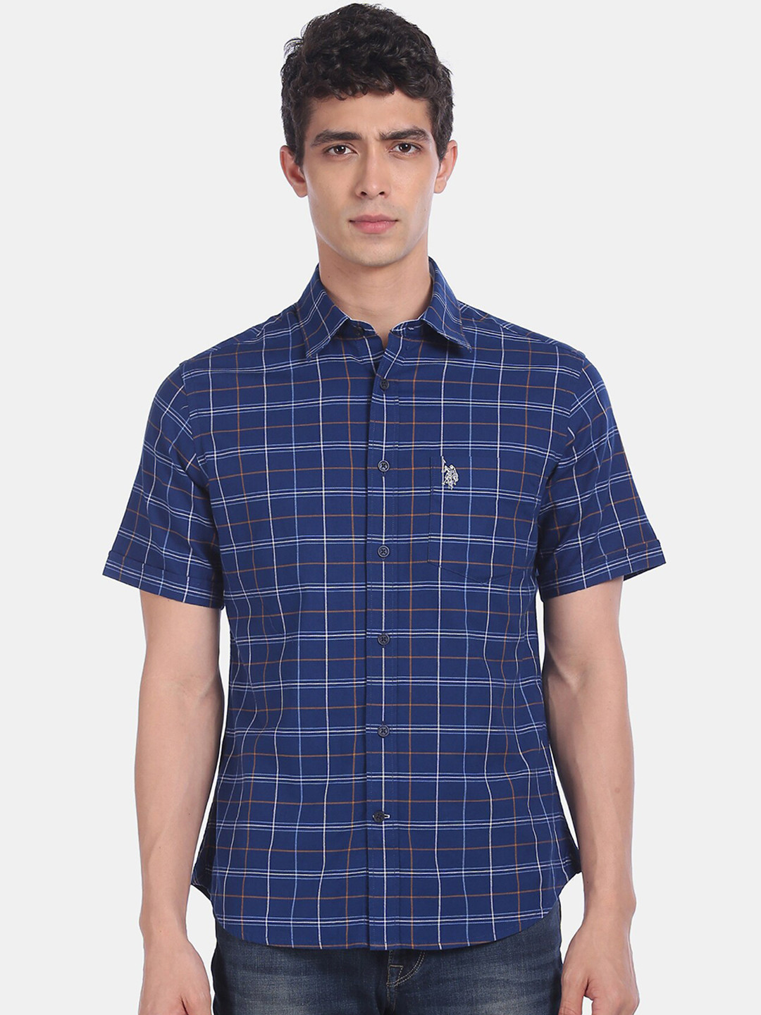 

U.S. Polo Assn. Men Navy Blue & White Regular Fit Checked Casual Shirt