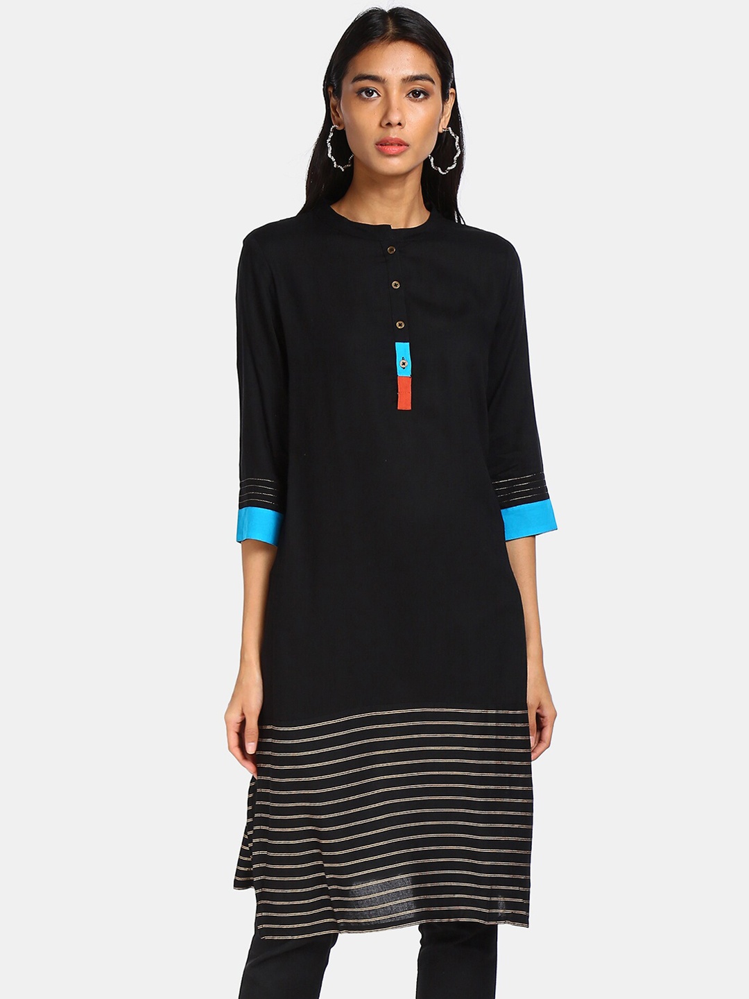 

Karigari Women Black & Golden Striped Kurta
