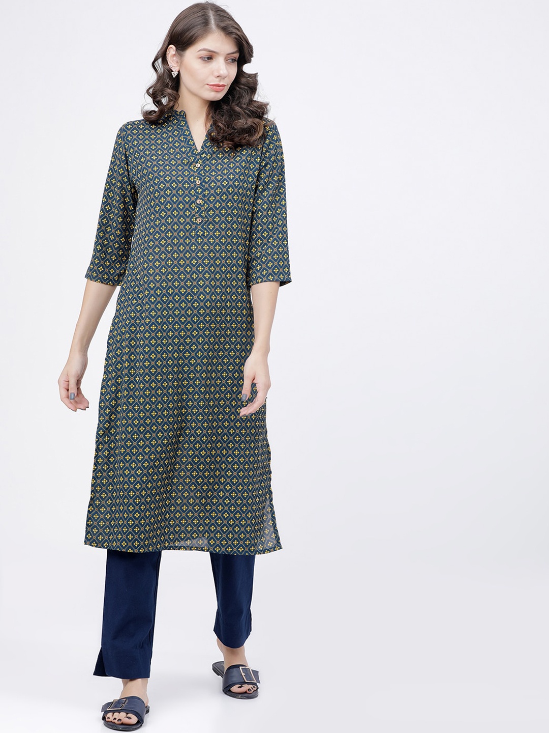 

Vishudh Women Navy Blue & Olive Green Floral Band Collar Kurta