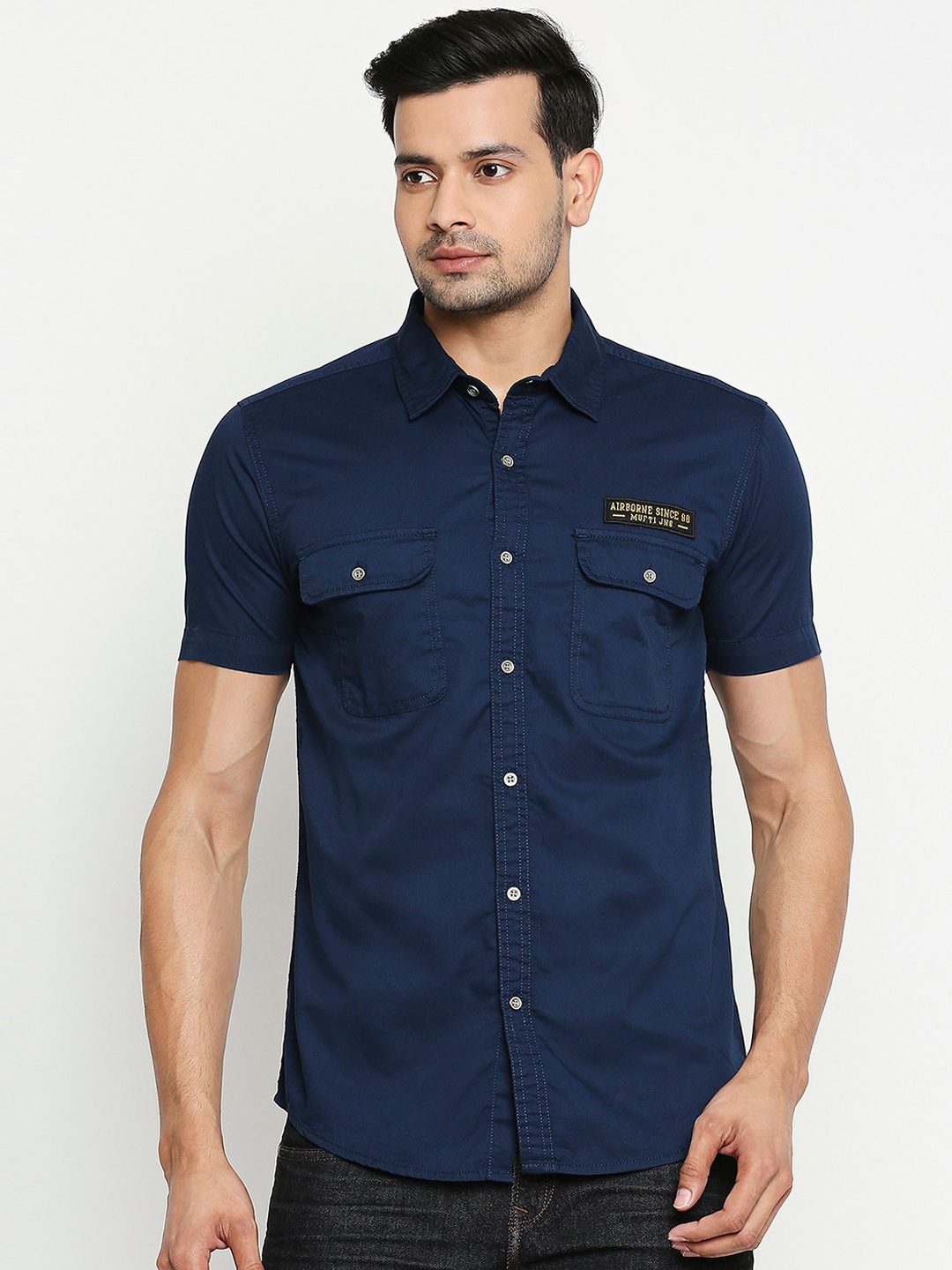 

Mufti Men Navy Blue Slim Fit Solid Casual Shirt