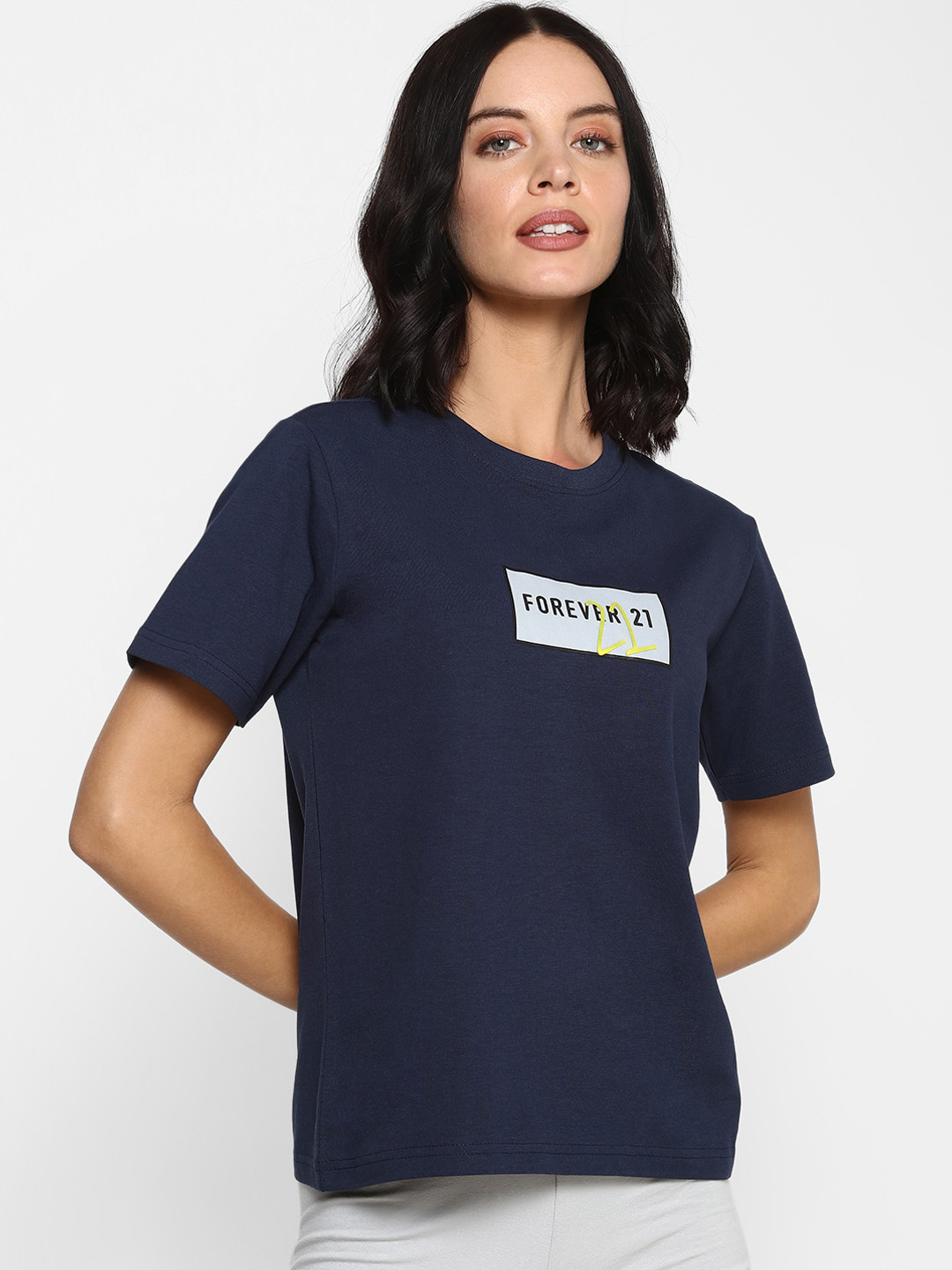 

FOREVER 21 Navy Blue Brand Logo Printed Regular Top