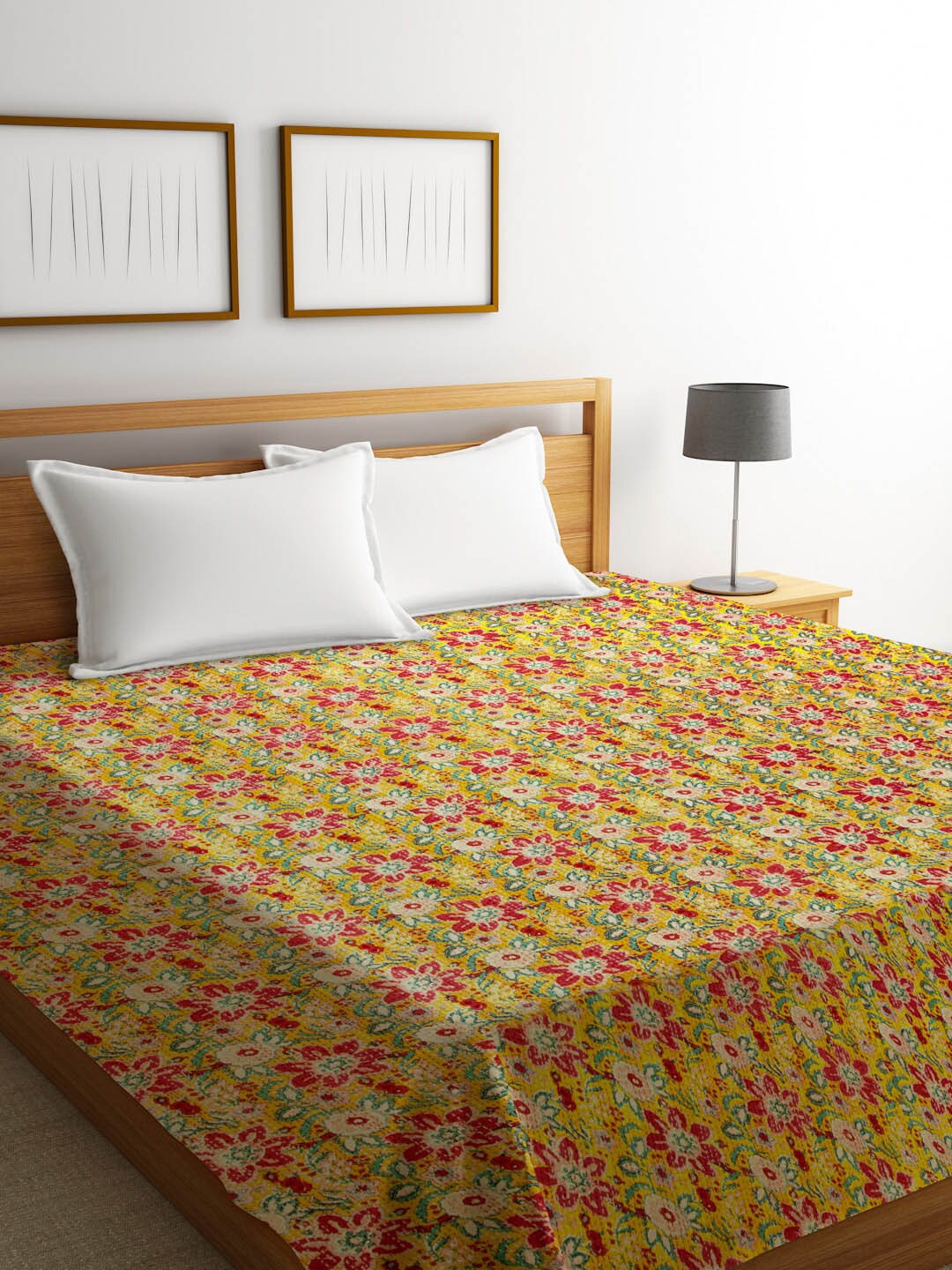 

Rajasthan Decor Yellow Floral Kantha Block Print Cotton Sustainable Double Bed Cover