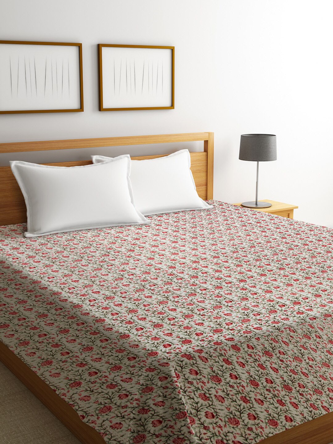 

Rajasthan Decor White & Pink Floral Kantha Block Print Sustainable Cotton Double Bed Cover