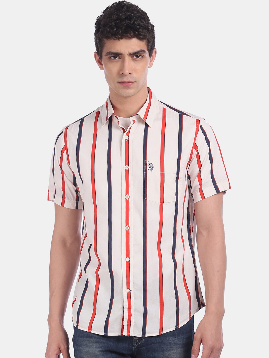 

U.S. Polo Assn. Men Off-White & Red Regular Fit Striped Casual Shirt