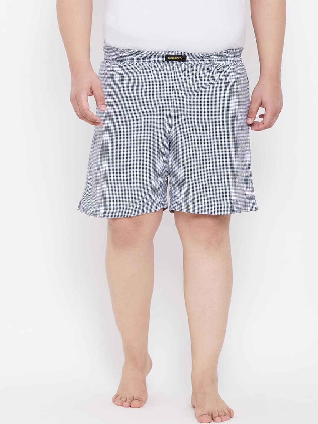 

bigbanana Men Plus Size White & Blue Checked Cotton Mid-Rise Boxers