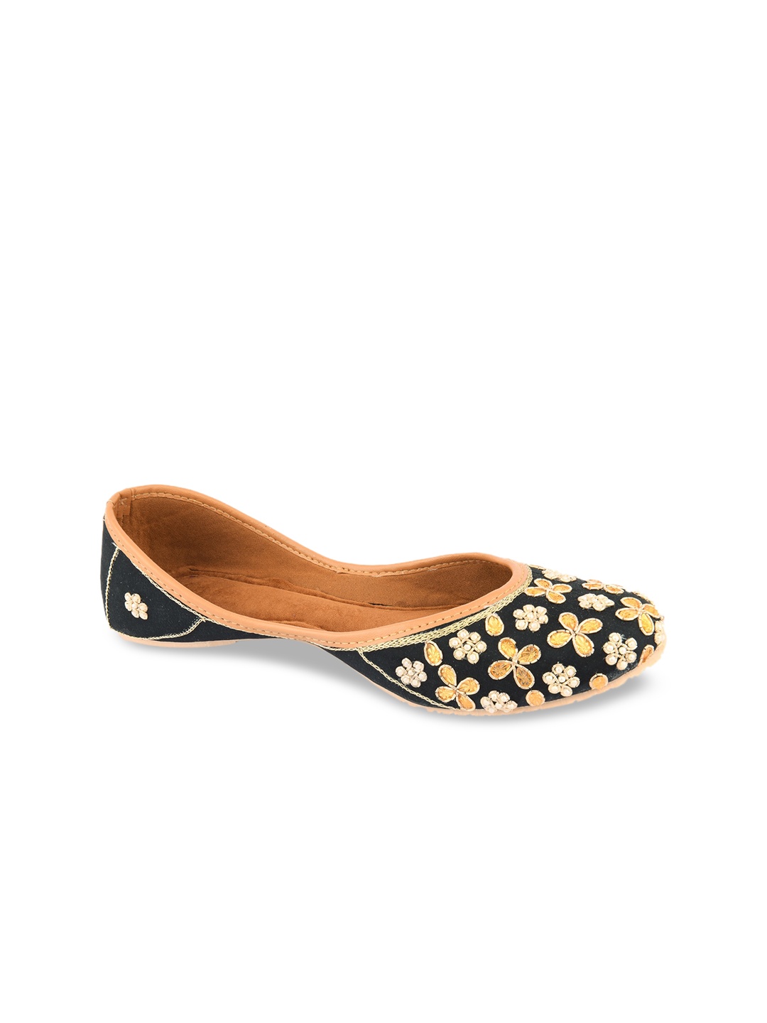 

DESI COLOUR Women Black & Gold-Toned Embellished Mojaris