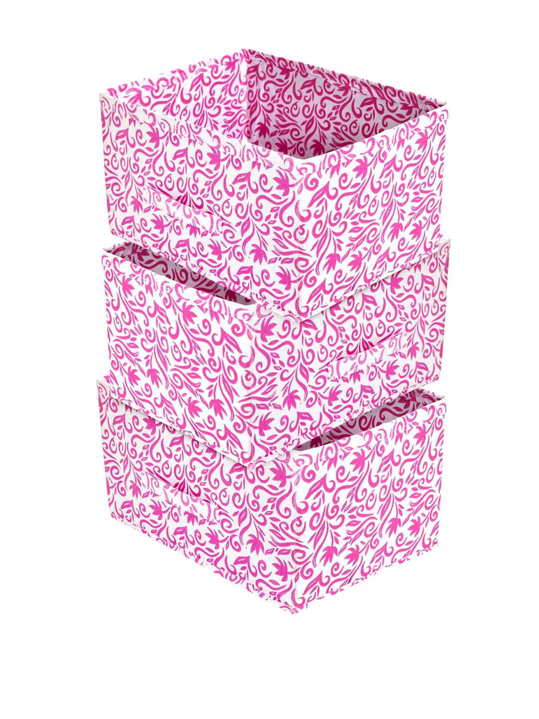 

Kuber Industries Set of 3 Pink & White Leaf Print Non Woven Fabric Modular Closet Organizer Box with Handle