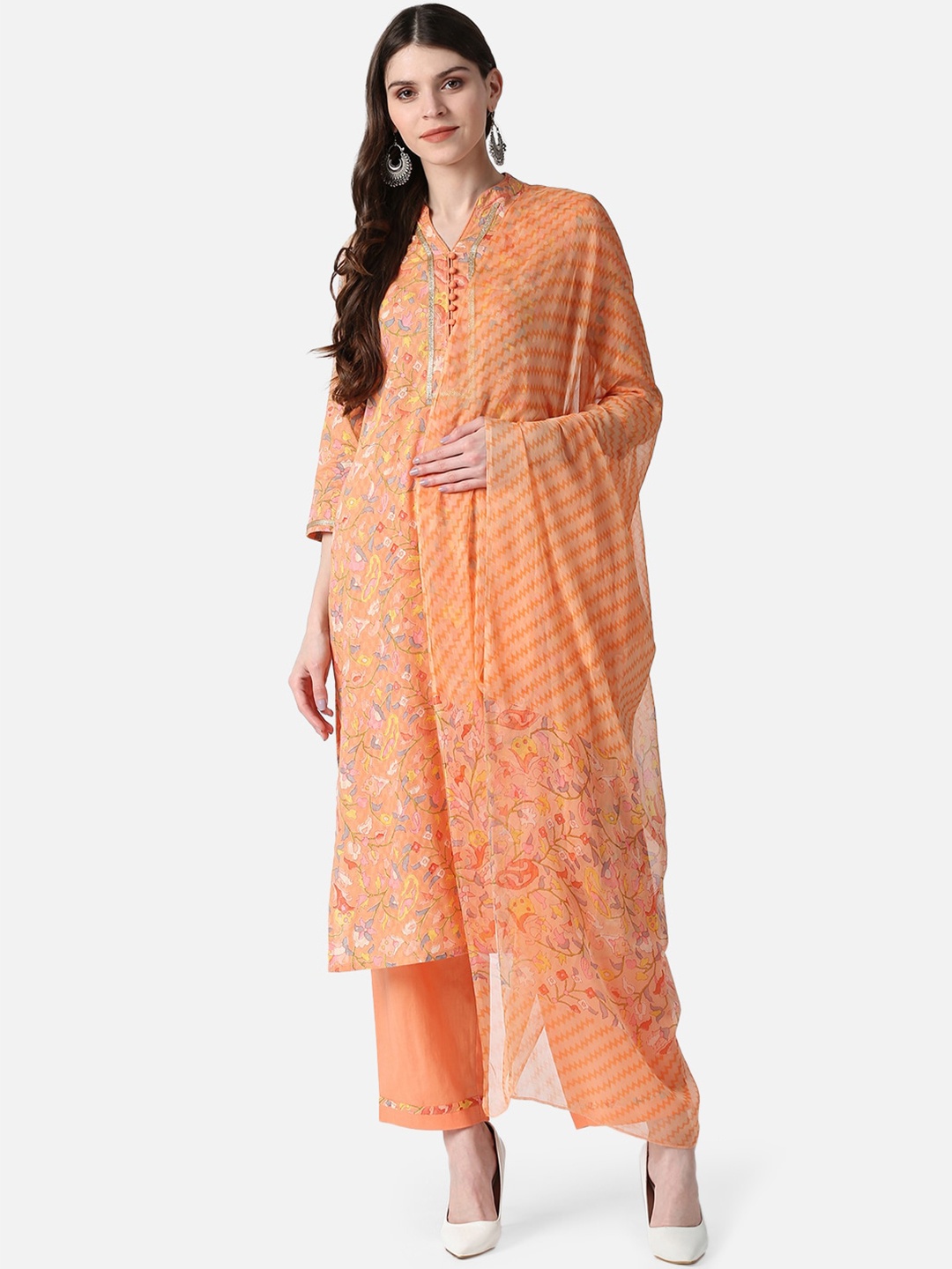 AHIKA Women Orange Printed Kurta with Palazzos & Dupatta