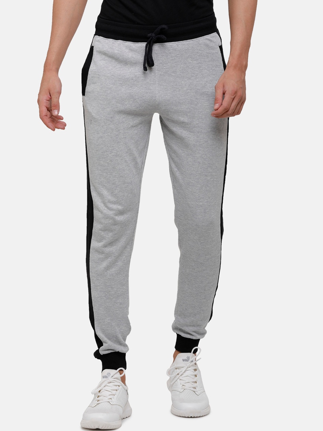 

MADSTO Men Grey Melange & Black Colourblocked Cotton Slim-Fit Joggers
