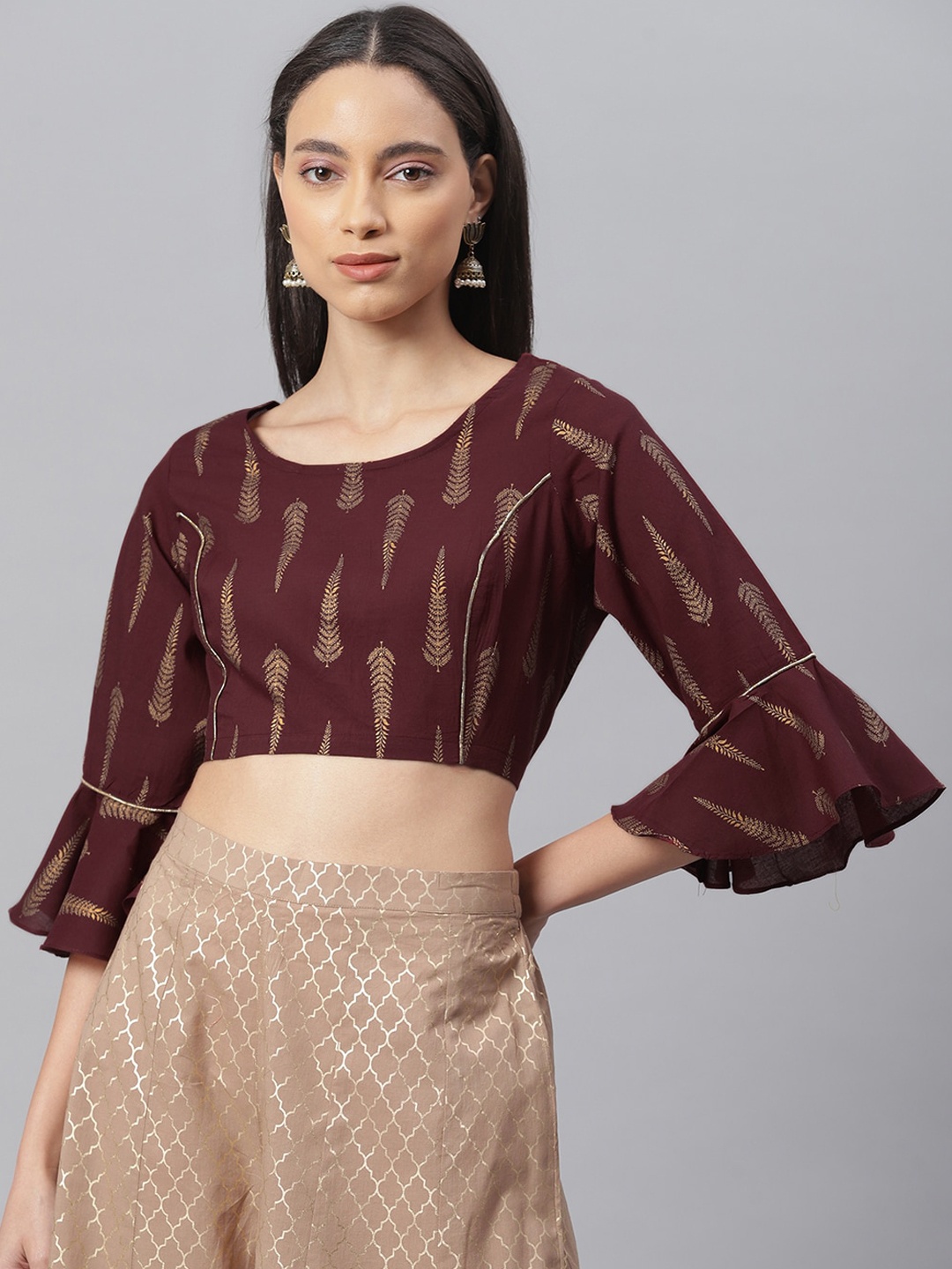 

Janasya Women Maroon & Gold Printed Readymade Saree Blouse